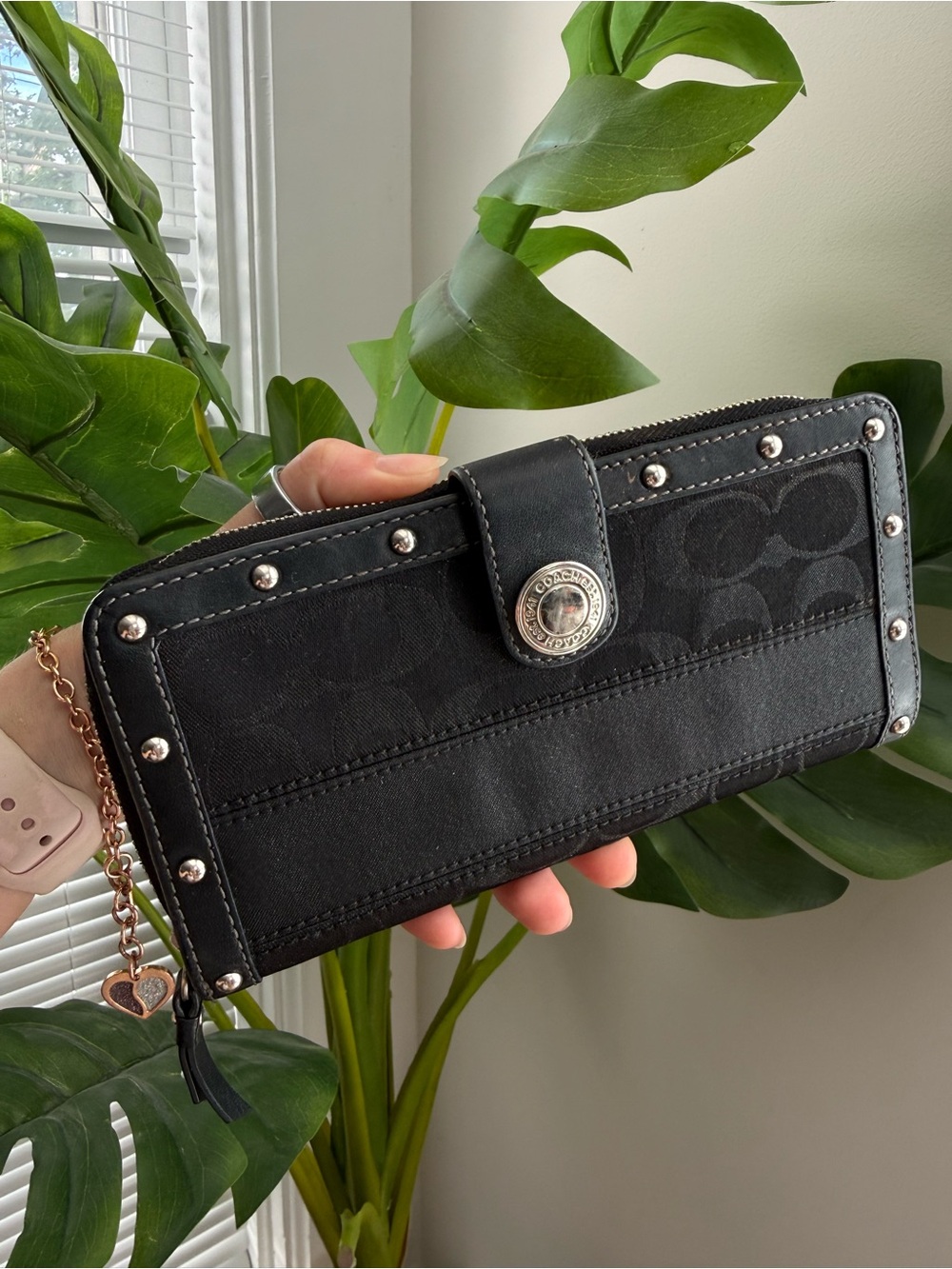 Coach Black Signature Canvas Zip Around Wallet with Stud Trim